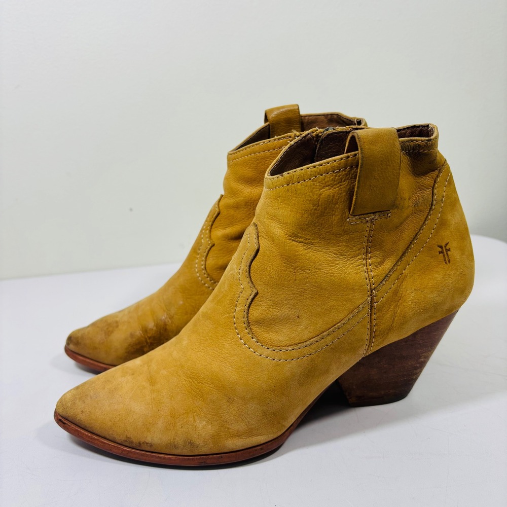Frye Reina Suede Leather Western Ankle Cowgirl Boot Block Heel Tan Bootie Size 7